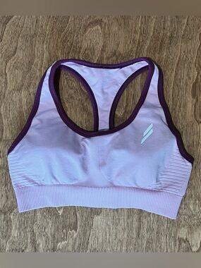 DOYOUEVEN Light Pink Racerback Sports Bra with Plum Trim